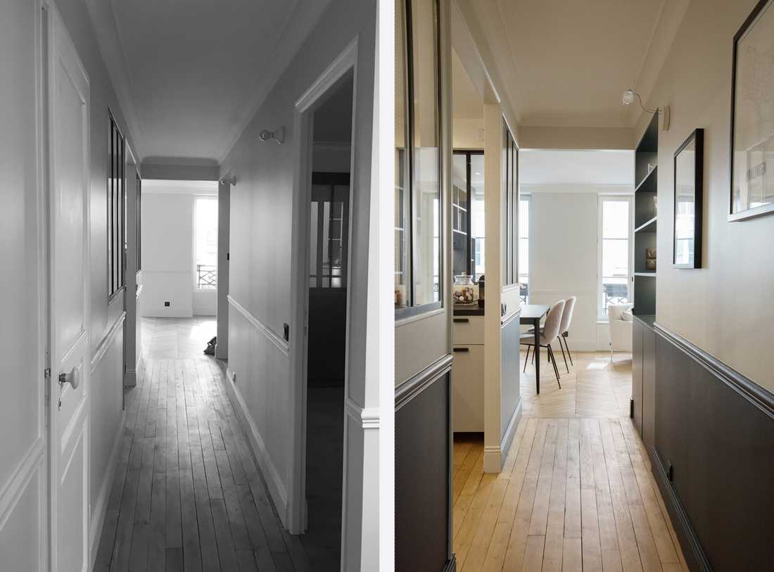 Avant-Après : aménagement d'un couloir - entrée par un architecte d'intérieur en région bruxelloise